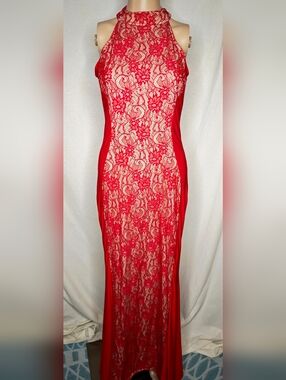 Stilletto's vintage halter neck full length gown with lace panel